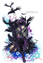 Rule 34 | androgynous, bird, boots, crow, feathers, flower, gender request, gloves, green eyes, hat, kettle, crossed legs, long sleeves, natsuhiko, natsuhiko (pixiv531357), short hair, sitting, solo, teapot