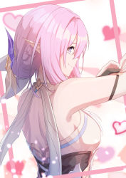 Rule 34 | 1girl, absurdres, backless dress, backless outfit, bare shoulders, braid, breasts, caisena, closed mouth, commentary request, dress, elysia (herrscher of human:ego) (honkai impact), elysia (honkai impact), from behind, hair between eyes, hair bun, heart, heart background, heart hands, highres, honkai (series), honkai impact 3rd, looking at viewer, looking back, medium breasts, pink hair, pointy ears, purple eyes, smile, solo, upper body, white background, white dress