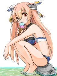 Rule 34 | 1girl, barefoot, bikini, blue bikini, breasts, brown eyes, food, full body, hair ornament, hair ribbon, ice cream, johnston (kancolle), kantai collection, licking, light brown hair, long hair, looking at viewer, medium breasts, poipoi purin, ribbon, rock, simple background, sitting, soaking feet, solo, squatting, swimsuit, two side up