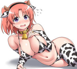 Rule 34 | 1girl, animal ears, animal print, bell, bikini, blush, breasts, bridal gauntlets, collar, cow ears, cow horns, cow print, fake animal ears, fake horns, hand on own chest, horns, large breasts, looking at viewer, lying, mikakunin de shinkoukei, navel, neck bell, on side, open mouth, purple eyes, short hair, simple background, solo, swimsuit, thighhighs, twintails, white background, yonomori kobeni, youkan