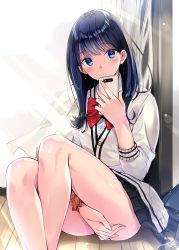 Rule 34 | 10s, 1girl, ass, black hair, black skirt, blue eyes, blush, bow, bowtie, breasts, cardigan, cellphone, commentary request, covering privates, covering crotch, gridman universe, highres, holding, holding phone, kobayashi chisato, long hair, long sleeves, looking at viewer, no panties, open mouth, orange scrunchie, phone, pleated skirt, red bow, revision, school uniform, scrunchie, shirt, sidelocks, sitting, skirt, smartphone, solo, ssss.gridman, takarada rikka, thighs, white cardigan, white shirt, wrist scrunchie