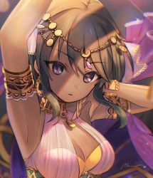 Rule 34 | 1girl, arabian clothes, arm up, armlet, armpits, bandeau, bare shoulders, bracelet, breasts, cleavage, closed mouth, dancer, dark-skinned female, dark skin, earrings, halterneck, harem outfit, highres, idolmaster, idolmaster cinderella girls, idolmaster cinderella girls starlight stage, jewelry, looking at viewer, meisa work, natalia (idolmaster), necklace, purple eyes, ring, see-through, short hair, solo, standing