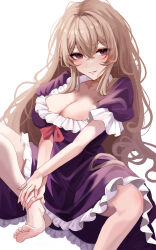 Rule 34 | 1girl, absurdres, barefoot, blonde hair, blush, breasts, cleavage, dress, frilled dress, frilled sleeves, frills, hair between eyes, highres, large breasts, long hair, looking at viewer, maka (user rryf2748), open mouth, purple dress, purple eyes, short sleeves, simple background, smile, soles, solo, toes, touhou, white background, yakumo yukari