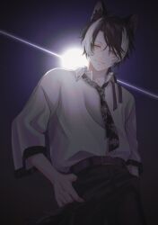 Rule 34 | 1boy, animal ears, backlighting, belt, belt buckle, black hair, black necktie, black pants, buckle, collared shirt, cowboy shot, dress shirt, hair ribbon, hand on own hip, highres, holostars, jackal boy, jackal ears, jackal tail, kageyama shien, light particles, looking at viewer, low ponytail, male focus, medium hair, momiage 40, multicolored hair, necktie, official alternate costume, open collar, pants, patterned clothing, purple background, purple belt, purple ribbon, ribbon, shirt, sleeves past elbows, slit pupils, smile, solo, swept bangs, tail, two-tone hair, virtual youtuber, white hair, white shirt, yellow eyes