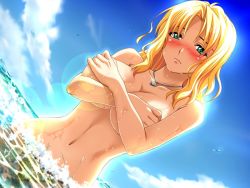 Rule 34 | 1girl, beach, blonde hair, blush, bomi, breasts, cleavage, cloud, covering privates, covering breasts, day, embarrassed, enomoto madoka, frown, game cg, green eyes, jewelry, large breasts, navel, necklace, ocean, outdoors, sim love ~hitonatsu no kiseki~, sky, solo, topfreedom, topless, water, wet