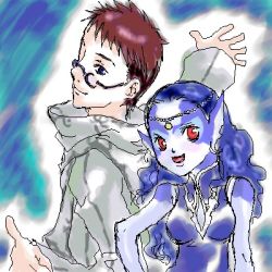 Rule 34 | 1boy, 1girl, blue eyes, blue hair, breasts, brown hair, collar, damia, fins, game console, glasses, happy, lowres, mermaid, monster girl, pointy ears, red eyes, robe, syuveil, the legend of dragoon, tiara