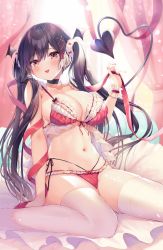 Rule 34 | 1girl, :p, ayuma sayu, black hair, bow, bow panties, bra, breasts, choker, cleavage, demon girl, demon tail, facing away, hair ornament, hair ribbon, head wings, highres, large breasts, lingerie, long hair, multi-strapped panties, nail polish, navel, original, panties, pink eyes, red bra, red panties, ribbon, side-tie panties, sitting, solo, tail, thighhighs, tongue, tongue out, twintails, underwear, underwear only, wariza, wings, wrist cuffs, x hair ornament