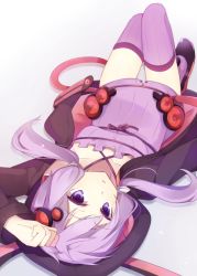 Rule 34 | 1girl, animal hood, bad id, bad pixiv id, collarbone, dress, hair ornament, hood, hoodie, looking at viewer, lying, on back, open clothes, open hoodie, purple dress, purple eyes, purple hair, purple thighhighs, rabbit hood, shoes, solo, strapless, strapless dress, sxupxdxxy, thigh gap, thighhighs, tube dress, twintails, vocaloid, voiceroid, yuzuki yukari