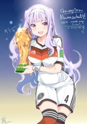 Rule 34 | 1girl, 2014 fifa world cup, adidas, benedikt howedes, blush, breasts, dated, fifa world cup trophy, german text, germany, hairband, highres, idolmaster, idolmaster (classic), inoue sora, jersey, jpeg artifacts, jules rimet trophy, large breasts, long hair, looking at viewer, open mouth, purple eyes, shijou takane, shorts, signature, silver hair, smile, soccer, soccer uniform, solo, sportswear, thighhighs, trophy, world cup