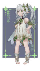 Rule 34 | 1girl, absurdres, artist name, bare shoulders, character name, child, commentary request, cross-shaped pupils, flat chest, full body, genshin impact, gradient hair, green eyes, green hair, green sleeves, grey hair, grin, hair ornament, hands on own hips, highres, leaf hair ornament, long hair, looking at viewer, multicolored hair, nahida (genshin impact), pointy ears, ryb, side ponytail, smile, solo, standing, stirrup footwear, symbol-shaped pupils, toeless footwear, toes