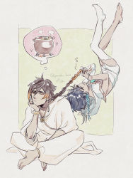 Rule 34 | 2boys, absurdres, bangle, black hair, blue hair, bracelet, braid, braided ponytail, brown hair, cloak, closed mouth, crossed legs, earrings, eyes visible through hair, food, genshin impact, genshin krois, gradient hair, hair between eyes, hand on own chin, highres, jewelry, long hair, long sleeves, male focus, multicolored hair, multiple boys, musical note, necklace, open mouth, ponytail, pot, simple background, single earring, single thighhigh, smile, sparkle, tassel, tassel earrings, thighhighs, thighs, thinking, thought bubble, trap, tying hair, upside-down, venti (genshin impact), white cloak, white thighhighs, zhongli (genshin impact)