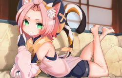 Rule 34 | 1girl, animal ear fluff, animal ears, bangs pinned back, bare shoulders, barefoot, cat ears, cat girl, cat tail, child, couch, diona (genshin impact), eyes visible through hair, female focus, genshin impact, green eyes, grin, hand up, highres, indoors, legs up, looking at viewer, lying, middle finger, on couch, on stomach, pink hair, pink shirt, pureakuma, ribbon, shirt, short hair, short shorts, shorts, smile, soles, solo, tail, tail ornament, tail raised, tail ribbon, teeth