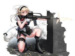Rule 34 | 1girl, absurdres, assault rifle, black footwear, black panties, blonde hair, boots, braid, commission, dress, firing, g36 (girls&#039; frontline), girls&#039; frontline, gloves, grey eyes, gun, h&amp;k g36, highres, holding, holding gun, holding weapon, long hair, magazine (weapon), maid, maid headdress, on one knee, panties, pixiv commission, rifle, rynn (rynn cube), scope, shell casing, short sleeves, single braid, single glove, solo, thighs, torn clothes, torn dress, underwear, very long hair, weapon, white background, white gloves
