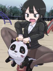 Rule 34 | 1girl, bare tree, black eyes, black footwear, black pantyhose, black skirt, collared shirt, commentary, fukuro (fxxk law), jacket, jaggy lines, low ponytail, office lady, open mouth, original, outdoors, panda, pantyhose, playground, ponytail, shirt, shoes, skirt, slide, solo, spread legs, spring rider, suit jacket, symbol-only commentary, tree, v-shaped eyebrows, white shirt