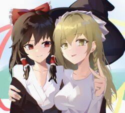 Rule 34 | 2girls, arm around shoulder, blonde hair, bow, braid, breasts, brown hair, collarbone, commentary, danraz0r, english commentary, hair bow, hair tubes, hakurei reimu, hand on another&#039;s arm, hat, highres, juban, kirisame marisa, long hair, looking at another, looking at viewer, medium breasts, multiple girls, parted lips, red bow, red eyes, shirt, single braid, touhou, upper body, v, white shirt, witch hat, yellow eyes