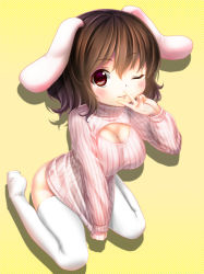 Rule 34 | 1girl, :3, alternate breast size, animal ears, blush, bottomless, breasts, brown hair, cleavage, clothes tug, ecou, feet, from above, inaba tewi, large breasts, looking at viewer, meme attire, one eye closed, open-chest sweater, rabbit ears, red eyes, short hair, simple background, sitting, solo, sweater, sweater tug, thighhighs, touhou, turtleneck, v, wariza, white thighhighs, wink, yellow background
