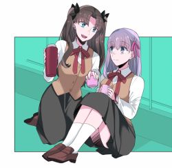 Rule 34 | 2girls, bad id, bad pixiv id, black hair, blue eyes, fate/stay night, fate (series), hair ribbon, homurahara academy school uniform, long hair, matou sakura, multiple girls, purple eyes, purple hair, red ribbon, ribbon, school uniform, siblings, sisters, sitting, smile, suzuko (star8383), thermos, tohsaka rin, twintails, two side up