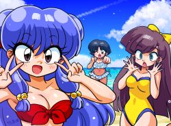 Rule 34 | 3girls, bikini, blue eyes, blush, bow, breasts, brown eyes, brown hair, cleavage, cloud, cloudy sky, double v, kuonji ukyou, large breasts, medium breasts, multiple girls, ocean, one-piece swimsuit, one eye closed, open mouth, purple hair, ranma 1/2, shampoo (ranma 1/2), short hair, sky, swimsuit, tendou akane, v, wanta (futoshi), water, yellow bow, yellow one-piece swimsuit