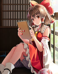 Rule 34 | 1girl, :o, ball, bloomers, bow, brown hair, commentary request, day, detached sleeves, fingernails, frilled bow, frills, hair between eyes, hair bow, hair tubes, hakurei reimu, hands up, holding, holding tablet pc, indoors, long hair, looking at viewer, nail polish, on floor, origami, paper crane, parted lips, red bow, red eyes, red nails, red shirt, red skirt, ribbon-trimmed sleeves, ribbon trim, shirt, skirt, sleeveless, sleeveless shirt, socks, solo, tablet pc, touhou, underwear, white bloomers, white socks, wide sleeves, wooden floor, yin yang, yuuka nonoko
