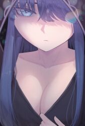 Rule 34 | 1girl, absurdres, blue eyes, breasts, cleavage, closed mouth, clothes pull, collarbone, crossed bangs, eyelashes, film grain, frown, hair over one eye, highres, hood, hood up, large breasts, long hair, looking at viewer, maplestory, orangewink, pulling own clothes, purple hair, reincarnation (maplestory), solo, straight hair, tsurime, upper body
