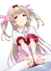 Rule 34 | 1girl, aya shachou, blonde hair, closed mouth, dress, dutch angle, fingernails, hair ornament, hat, highres, long hair, looking at viewer, nail polish, natori sana, nurse, nurse cap, pantyhose, pink dress, pink hat, rabbit hair ornament, red eyes, red nails, sana channel, shirt, simple background, smile, solo, two side up, virtual youtuber, white background, white pantyhose, white shirt