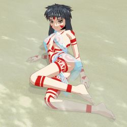 Rule 34 | 1990s (style), 1girl, 3d, arm support, ass, barefoot, beach, black hair, bodypaint, brown eyes, headband, highres, long hair, lying, neo ranga, on side, retro artstyle, see-through, shimabara yuuhi, smile, solo, tribal, water