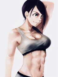 Rule 34 | 1girl, abs, arm up, bare shoulders, black hair, breasts, commentary request, green eyes, haioku colonel, hair over shoulder, highres, idolmaster, idolmaster cinderella girls, low ponytail, medium breasts, navel, panties, ponytail, solo, sports bra, standing, sweat, toned, underwear, upper body, white background, yamato aki