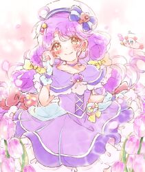 Rule 34 | 1girl, blush, bow, bow earrings, capelet, choker, commentary request, cure coral, dress, earrings, facial mark, fingerless gloves, flower, gloves, hair bow, hat, heart, heart facial mark, highres, jewelry, kururun (precure), long hair, looking at viewer, magical girl, multiple hair bows, petals, precure, purple capelet, purple choker, purple dress, purple hair, sailor hat, shell brooch, shortcake p, signature, smile, solo, suzumura sango, tropical-rouge! precure, white gloves, yellow bow, yellow eyes