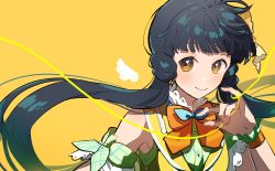 Rule 34 | 1girl, angel wings, armband, asymmetrical sleeves, bad id, bad twitter id, bare shoulders, blue hair, blush, bow, frilled shirt collar, frilled sleeves, frills, green shirt, hair bow, hair ornament, hand up, highres, idolmaster, idolmaster million live!, kitakami reika, long hair, low twintails, mismatched sleeves, necktie, orange necktie, pinky out, plaid, plaid shirt, portrait, shirt, short sleeves, simple background, smile, solo, string around finger, thread, twintails, wings, wrist cuffs, yellow background, yellow bow, yellow eyes, yoshisawa