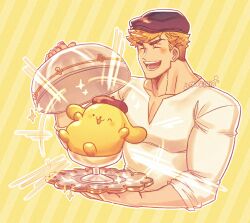 Rule 34 | 1boy, animal, artist name, beret, blonde hair, blush, dog, granblue fantasy, hat, highres, holding, holding tray, male focus, muscular, muscular male, oneirio, open mouth, pectorals, pompompurin, sanrio, shirt, short hair, simple background, smile, tray, upper body, vane (granblue fantasy), white shirt, yellow background