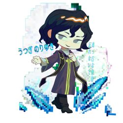 Rule 34 | 1boy, black footwear, black hair, black pants, character name, chibi, chinese commentary, commentary request, gold trim, grey eyes, hand on own chest, highres, hood, hood down, hooded robe, jiao zhi straight, long sleeves, male focus, open mouth, pants, partially translated, purple robe, robe, saibou shinkyoku, shirt, short hair, smile, solo, stole, translation request, utsugi noriyuki, white shirt