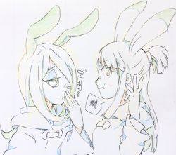 Rule 34 | 10s, 2girls, animal ears, covering own mouth, eyeshadow, hair over one eye, hand over own mouth, highres, ichigo choco, kagari atsuko, little witch academia, long hair, makeup, multiple girls, rabbit ears, rabbit nose, simple background, sketch, smile, squiggle, sucy manbavaran, sweatdrop