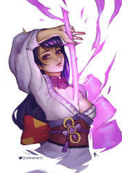Rule 34 | 1girl, arm up, breasts, cleavage, commentary, electricity, energy sword, english commentary, flower, genshin impact, highres, holding, holding sword, holding weapon, human scabbard, japanese clothes, katana, kimono, large breasts, long hair, looking at viewer, mole, mole under eye, parted lips, purple eyes, purple flower, purple hair, raiden shogun, ribbon, sash, simple background, solo, strigi signum, sword, twitter logo, twitter username, vision (genshin impact), weapon, white background
