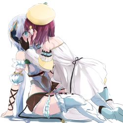 Rule 34 | + +, 2girls, arm support, atelier (series), atelier sophie, bad id, bad pixiv id, beret, blue eyes, blush, covered navel, detached sleeves, dress, female focus, from side, gloves, hat, kiss, maromi (am97), multiple girls, navel, plachta, purple hair, short hair, silver hair, sophie neuenmuller, thighhighs, yuri