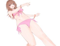 Rule 34 | 1girl, :d, bare arms, bare legs, bikini, blurry, blurry background, bracelet, breasts, brown eyes, brown hair, dot nose, dutch angle, feet out of frame, from below, goshiki suzu, groin, hair between eyes, highres, jewelry, legs apart, long hair, looking at viewer, medium breasts, medium hair, midriff, nail polish, navel, open mouth, orange nails, original, perspective, pink bikini, red nails, side-tie bikini bottom, simple background, smile, solo, standing, swimsuit, tareme, white background