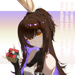 Rule 34 | 1girl, :d, alternate costume, animal ears, arknights, artist name, bare shoulders, black gloves, breasts, brown hair, cleavage, cleavage cutout, clothing cutout, collarbone, elbow gloves, english text, fake animal ears, fingerless gloves, gloves, gradient background, grin, head tilt, kafka (arknights), long hair, looking at viewer, medium breasts, multicolored hair, one side up, open mouth, orange eyes, parted lips, purple hair, rabbit ears, rubik&#039;s cube, sleeveless, smile, solo, teeth, two-tone hair, upper body, very long hair, weibo watermark, xaeger, yellow background