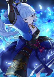 Rule 34 | 1girl, arm guards, arm up, armor, armored dress, ayaka (genshin impact), black gloves, blue dress, blue eyes, blue hair, blunt bangs, blurry, blurry background, breastplate, breasts, cleavage, closed mouth, commentary, dancing, dress, feet out of frame, floral print, flower knot, folding fan, from above, genshin impact, gloves, hair tubes, hand fan, headpiece, highres, holding, holding fan, japanese armor, light blue hair, light particles, long hair, medium breasts, mole, mole under eye, ponytail, sidelocks, smile, solo, tassel, tyenka7728