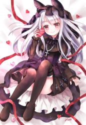 Rule 34 | 1girl, animal hood, azur lane, bed sheet, belt boots, black bow, black dress, black footwear, blush, boots, bow, bowtie, box, breasts, commentary request, convenient leg, cross, cross-laced clothes, cross necklace, dress, erebus (azur lane), erebus (illusory happiness) (azur lane), frilled sleeves, frills, full body, gift, gothic lolita, heart, heart-shaped box, hidamari (hi da mari123), holding, holding gift, hood, hood up, jewelry, knees up, layered dress, lolita fashion, long hair, long sleeves, looking at viewer, lying, necklace, on back, on bed, platform boots, platform footwear, red eyes, red ribbon, ribbon, shadow, sidelocks, signature, small breasts, smile, solo, thighhighs, valentine, wedding dress, white hair, zettai ryouiki