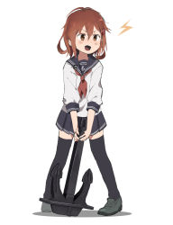 Rule 34 | 1girl, anchor, black thighhighs, blush, brown eyes, brown hair, fang, full body, hair between eyes, hair ornament, hairclip, holding, holding anchor, ikazuchi (kancolle), kakiyayoshi, kantai collection, lightning bolt symbol, neckerchief, one-hour drawing challenge, open mouth, pleated skirt, red neckerchief, sailor collar, school uniform, serafuku, shadow, short hair, simple background, skin fang, skirt, solo, standing, thighhighs, white background