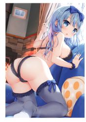 Rule 34 | 1girl, absurdres, ass, bare shoulders, black bra, black panties, black thighhighs, blue bow, blue eyes, blue hair, blue hairband, blush, border, bow, bow legwear, bra, breasts, cleft of venus, couch, curtains, ezoshika, fireplace, frilled thighhighs, frills, from behind, hair bow, hairband, highres, indoors, kneeling, lace, lace bra, lace panties, large breasts, long hair, looking at viewer, looking back, mole, mole on breast, non-web source, on couch, original, panties, scan, sideboob, solo, thighhighs, thighs, underwear, underwear only, white border, window