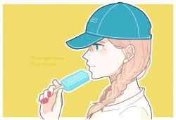 Rule 34 | 1girl, baseball cap, blue eyes, blue hat, border, braid, brown hair, chewing, food, freckles, from side, hat, highres, holding, holding food, holding popsicle, long hair, miko35, original, outline, pink nails, popsicle, shirt, solo, twin braids, white border, white outline, white shirt, yellow background