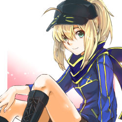 Rule 34 | 1girl, ahoge, artoria pendragon (fate), asano gaito, baseball cap, blonde hair, blue scarf, boots, fate/grand order, fate (series), green eyes, hat, jacket, long hair, looking at viewer, mysterious heroine x (fate), ponytail, rojiura satsuki : chapter heroine sanctuary, saber (fate), scarf, shorts, sitting, smile, solo, track jacket