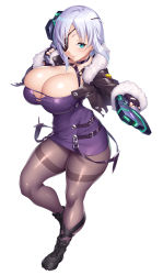 Rule 34 | 1girl, aina winchester, breasts, cleavage cutout, clothing cutout, eyepatch, highres, holding, holding weapon, huge breasts, lilith-soft, pantyhose, potion (moudamepo), short hair, simple background, solo, taimanin (series), taimanin rpgx, weapon, white background