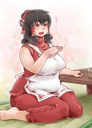 Rule 34 | 1girl, adapted costume, apron, barefoot, black hair, bow, breasts, brown eyes, cookie (touhou), female focus, hair bow, hair tubes, hakurei reimu, kanna (cookie), large breasts, mature female, pants, plump, ponytail, ribbed sweater, sitting, sleeveless, solo, sweater, table, tatami, thick eyebrows, tobatoinu, touhou, wariza