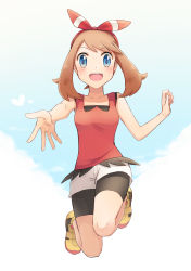 Rule 34 | 1girl, :d, bike shorts, black shorts, blue eyes, blush, bow, brown hair, collarbone, creatures (company), full body, game freak, hair bow, hairband, highres, long hair, looking at viewer, may (pokemon), nintendo, ochi (lokun), open mouth, outstretched arm, parted bangs, pokemon, pokemon oras, red hairband, red shirt, shirt, shoes, short shorts, shorts, shorts under shorts, sleeveless, sleeveless shirt, smile, sneakers, solo, twintails, white background, white shorts, yellow footwear