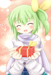 Rule 34 | 1girl, alternate costume, blush, box, daiyousei, female focus, gift, gift box, green hair, hair ribbon, heart, highres, incoming gift, no wings, open mouth, outstretched hand, ribbon, runathito, scarf, side ponytail, skirt, smile, solo, sweater, touhou, valentine