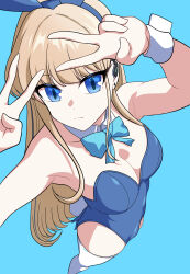 Rule 34 | 1girl, absurdres, animal ears, blonde hair, blue archive, blue background, blue bow, blue bowtie, blue eyes, blue leotard, bow, bowtie, breasts, cleavage, closed mouth, commentary request, detached collar, double v, fake animal ears, highres, korean commentary, leotard, long hair, looking at viewer, medium breasts, official alternate costume, pangtanto, playboy bunny, rabbit ears, simple background, solo, thighhighs, toki (blue archive), toki (bunny) (blue archive), v, white thighhighs