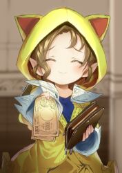 Rule 34 | 1girl, animal ears, animal hood, banknote, blurry, blurry background, blush, cat ears, cat hood, choro tofu, closed eyes, dollar bill, facing viewer, fake animal ears, final fantasy, final fantasy xiv, holding, holding money, holding wallet, hood, hoodie, krile mayer baldesion (ff14), long sleeves, money, parted bangs, pointy ears, solo, wallet