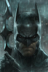 Rule 34 | 1boy, absurdres, animal ears, batarang, batman, batman (series), black gloves, blue eyes, blurry, comic cover, cover image, dc comics, depth of field, frown, gloves, grey sky, highres, holding, jee-hyung lee, looking at viewer, male focus, mask, official art, outdoors, portrait, rain, realistic, signature, sky, wet