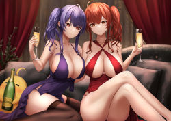 Rule 34 | 2girls, absurdres, amano kusatsu, azur lane, black thighhighs, breasts, cleavage, dress, flute, highres, instrument, large breasts, looking at viewer, multiple girls, pola (azur lane), purple hair, red hair, side ponytail, tanezaki atsumi, thick thighs, thighhighs, thighs, voice actor connection, zara (azur lane)